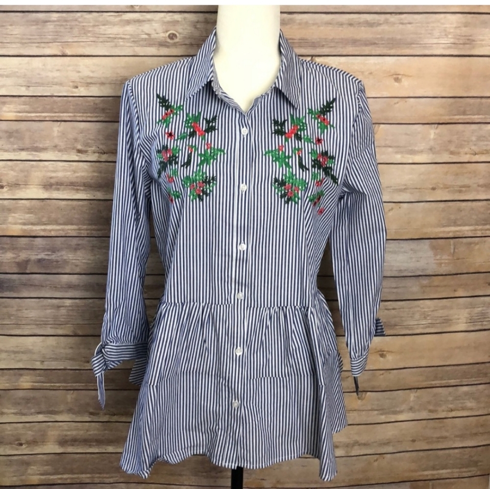 ANDREW MARC Striped Button-Up Blouse with Embroidered Floral Design Size Medium